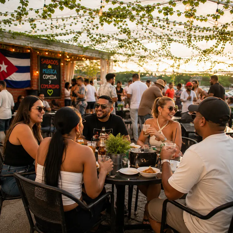 Grupo de amigos compartiendo comida y risas en una mesa de Cubanky
